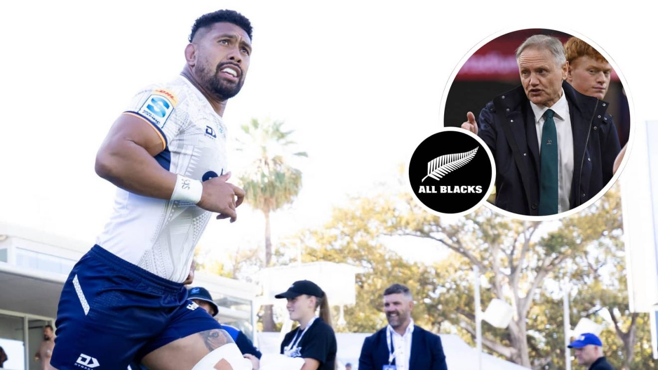 All Blacks star Ardie Savea in action for Moana Pasifika and Wallabies head coach Joe Schmidt (inset).
