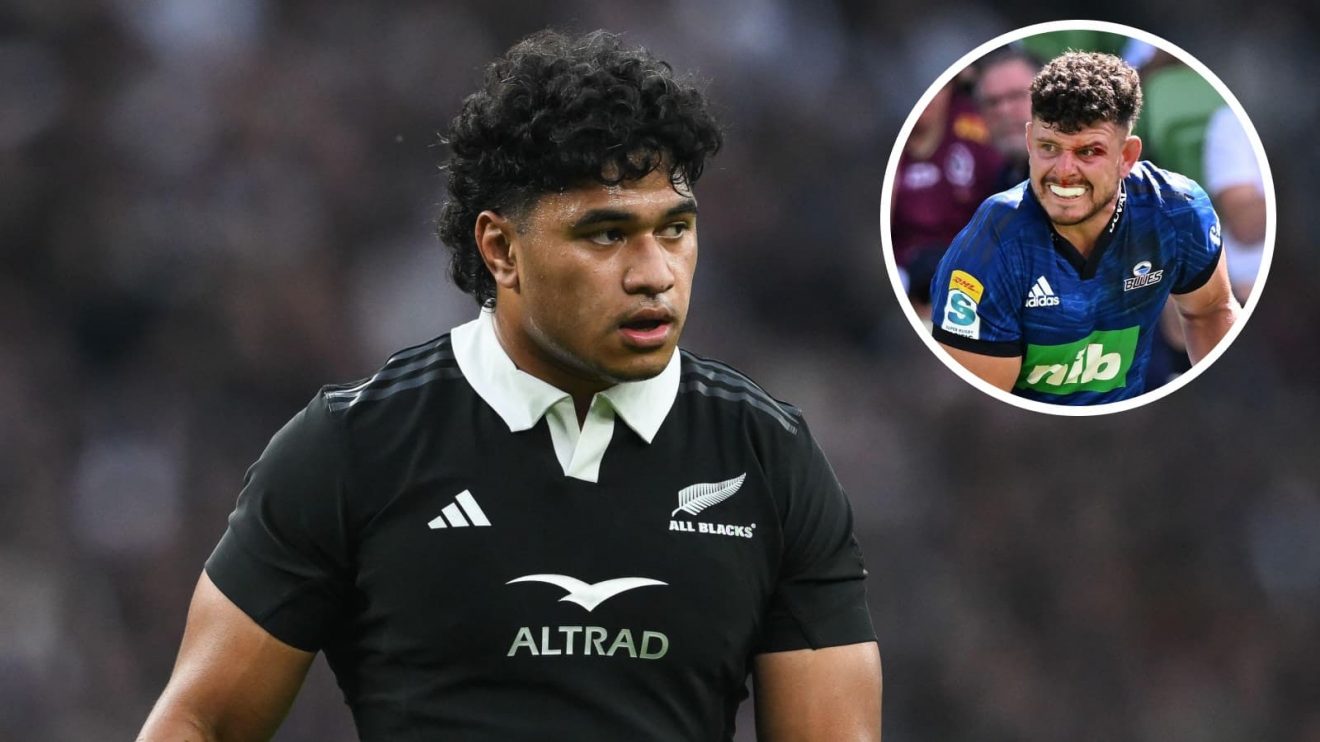 All Blacks loose forward Wallace Sititi and an inset of Blues hooker Ricky Riccitelli.