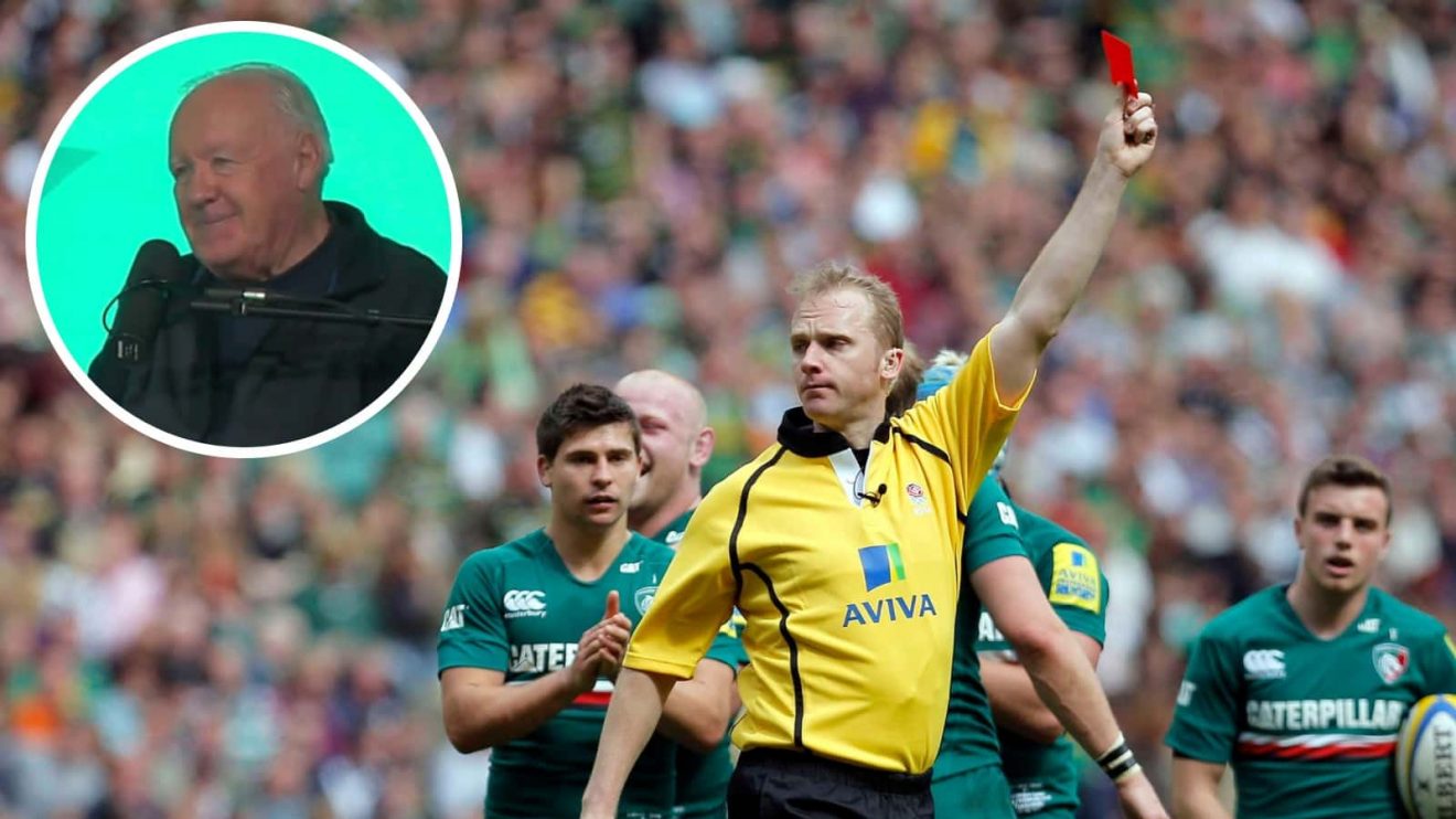 Referee Wayne Barnes brandishes a red card to Dylan Hartley of Northampton Saints and an inset of ex-ref Owen Doyle.