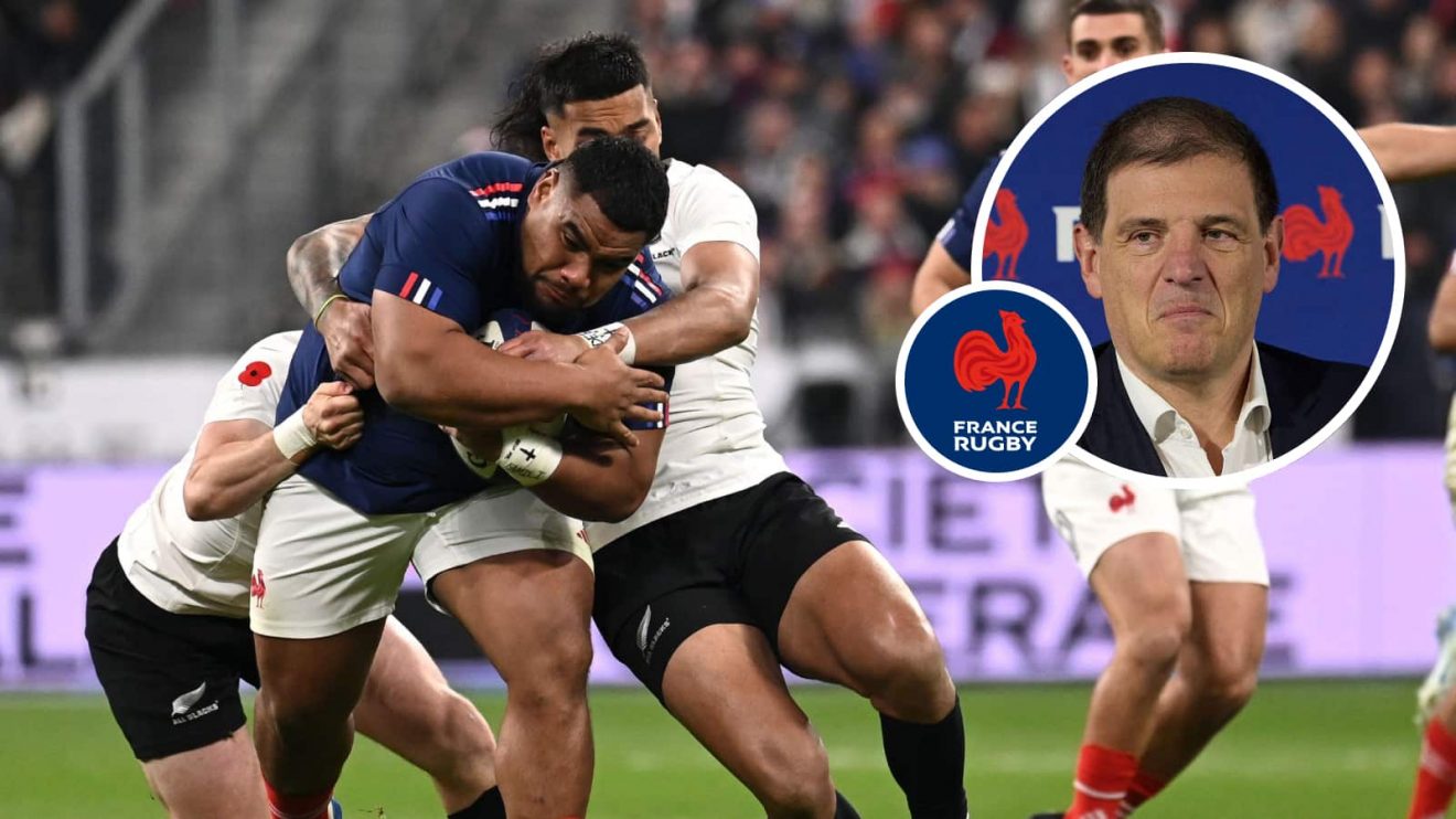 Image of France v All Blacks in November 2024 and an inset of FFR President Florian Grill.