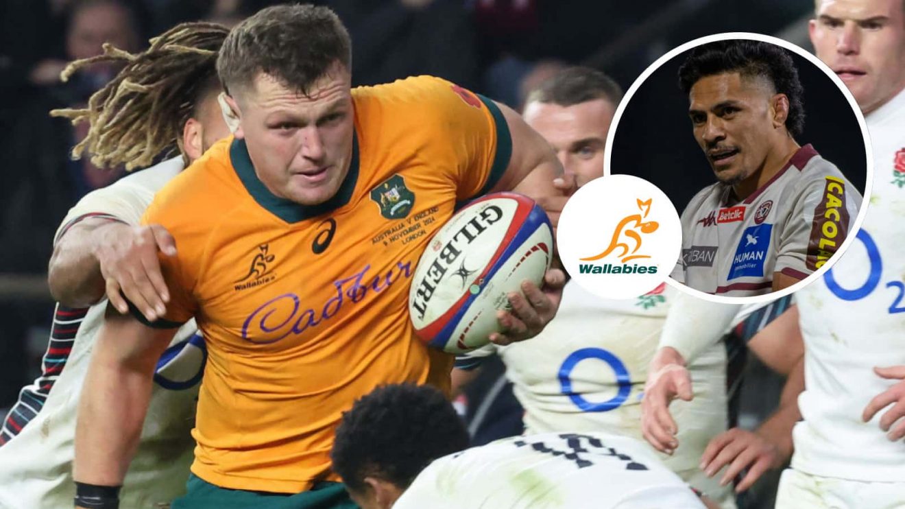 Angus Bell in action for the Wallabies and Pete Samu playing for Bordeaux-Begles (inset).