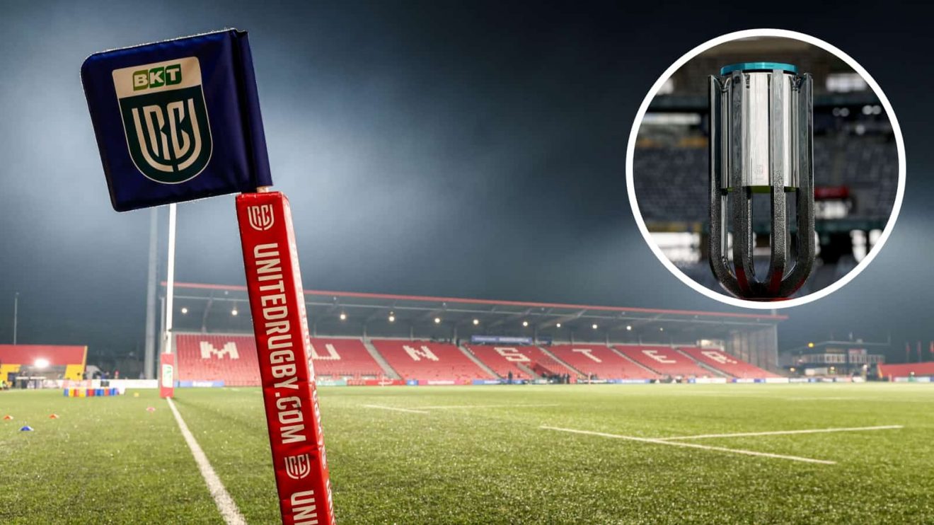 Thomond Park and an inset of the URC trophy.