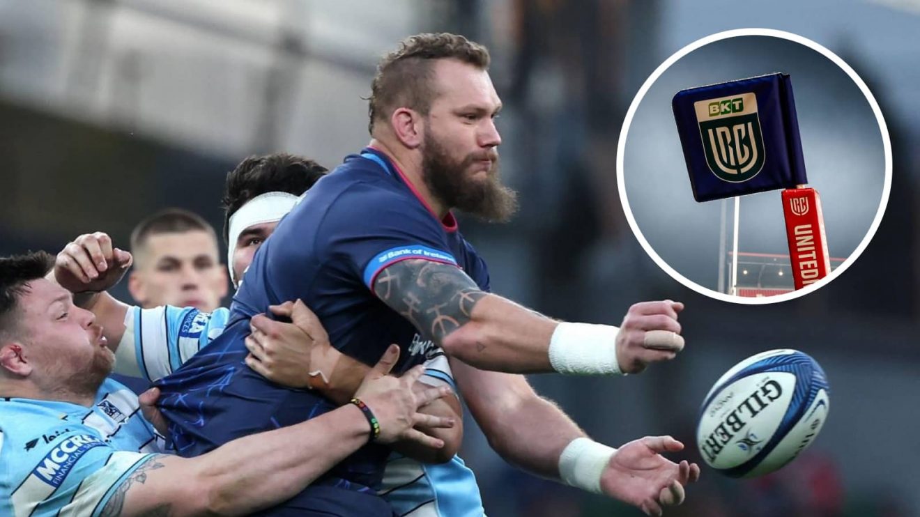 Leinster forward RG Snyman and an inset of a URC flag.