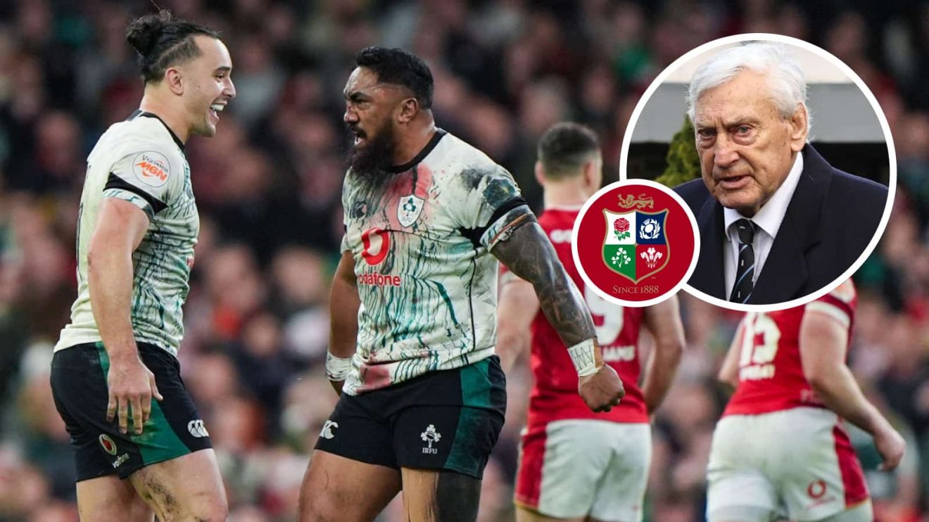 Ireland stars James Lowe and Bundee Aki, who have been selected for the 2025 British and Irish Lions, and former captain Willie John McBride (inset).