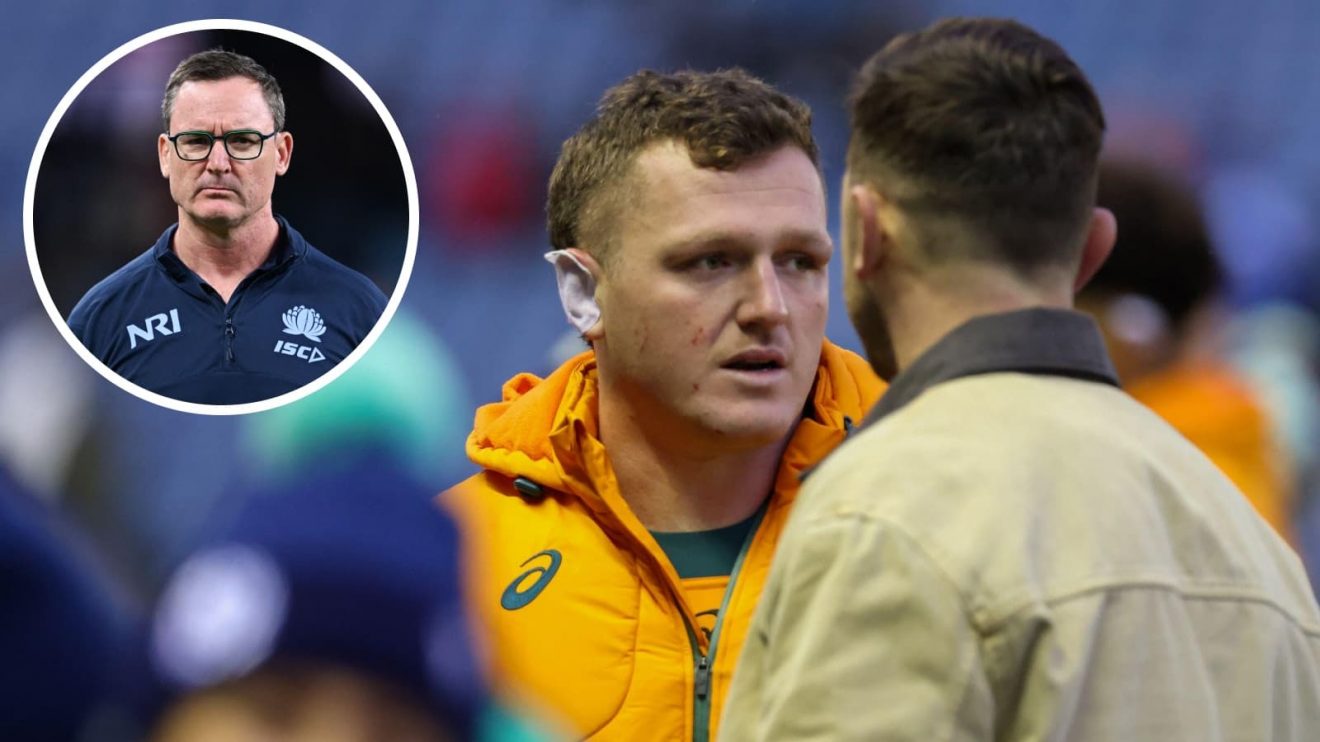 Wallabies forward Angus Bell and an inset of NSW Waratahs boss Dan McKellar.