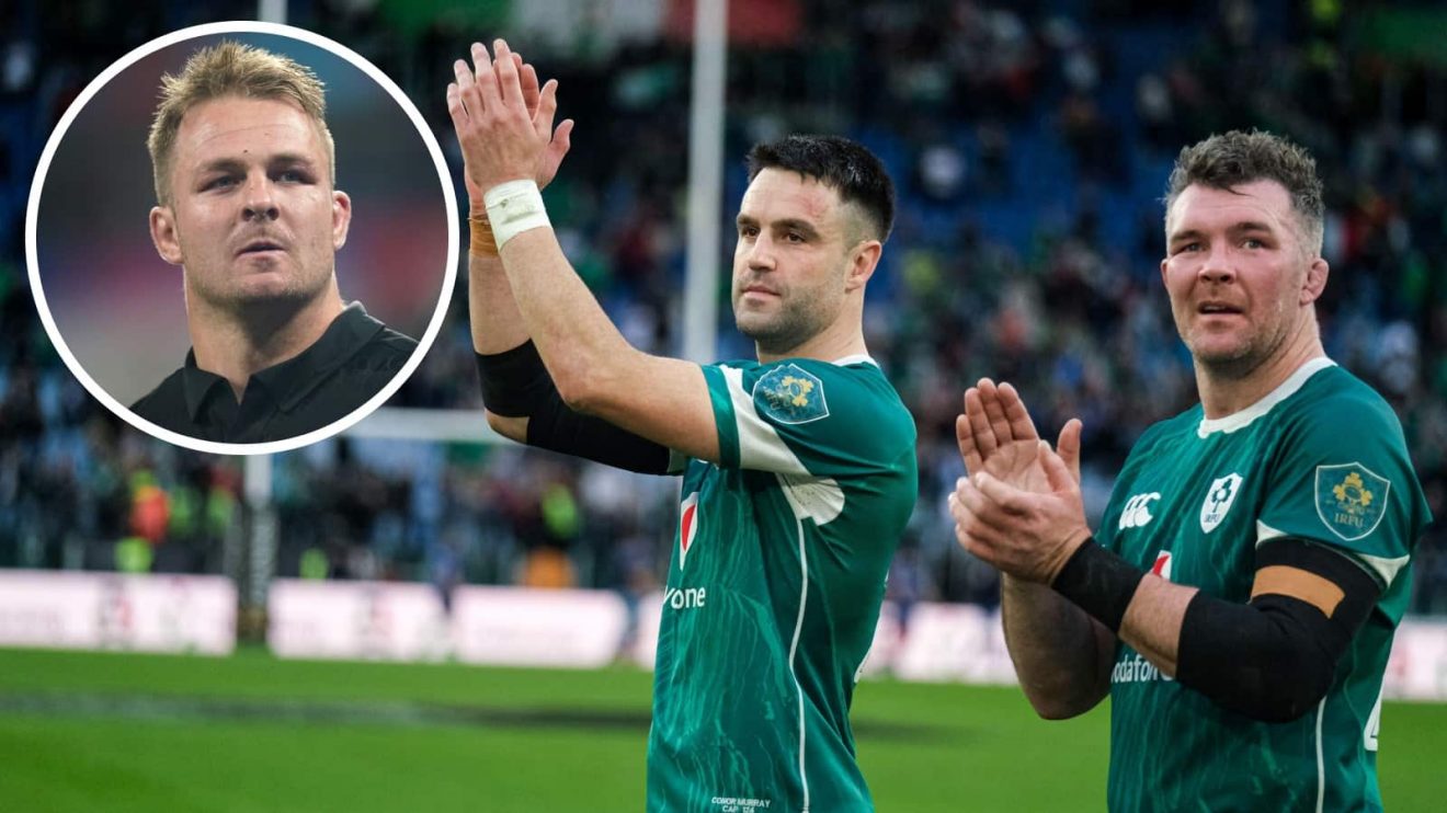 Ireland greats Conor Murray and Peter O'Mahony and an inset of ex-All Blacks captain Sam Cane.