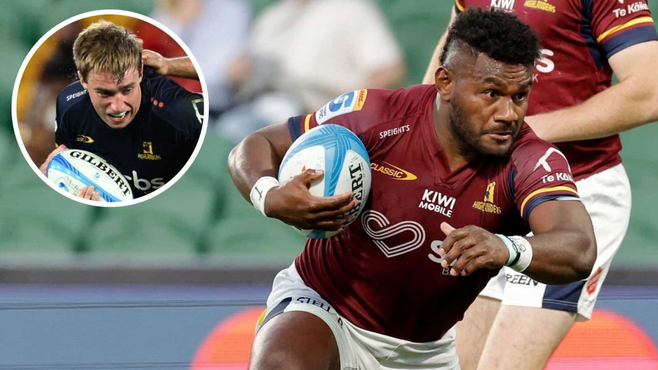 Timoci Tavatavanawai and Cam Millar (inset) in action for the Highlanders in Super Rugby Pacific.