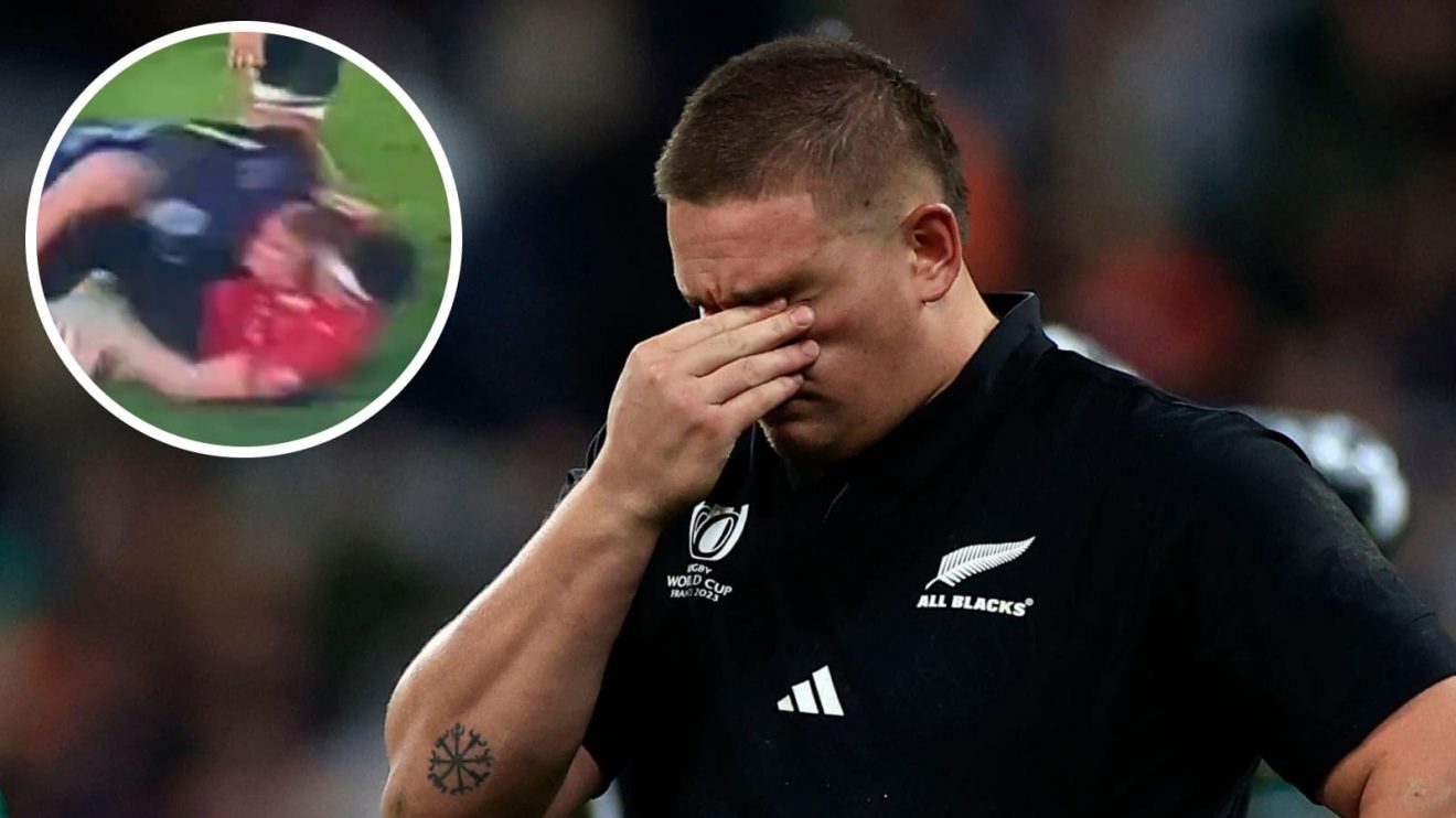 Highlanders and All Blacks prop Ethan de Groot and an inset of his headbutt.