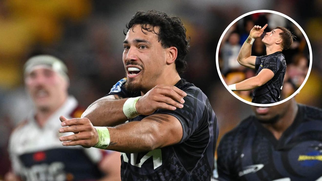 Hurricanes backline players Billy Proctor and Ruben Love in the Super Rugby Pacific clash against the Queensland Reds.