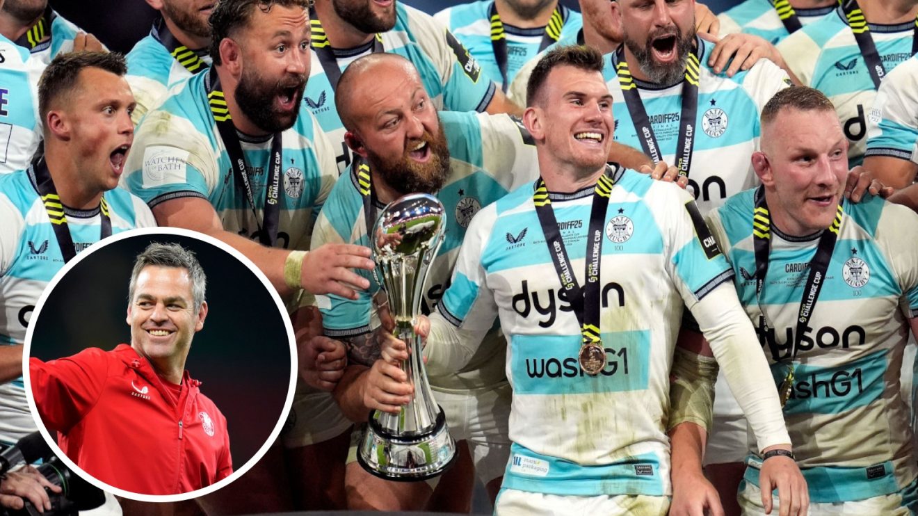 Bath captain Ben Spencer leads Challenge Cup final celebrations, and head coach Johann van Graan (inset).