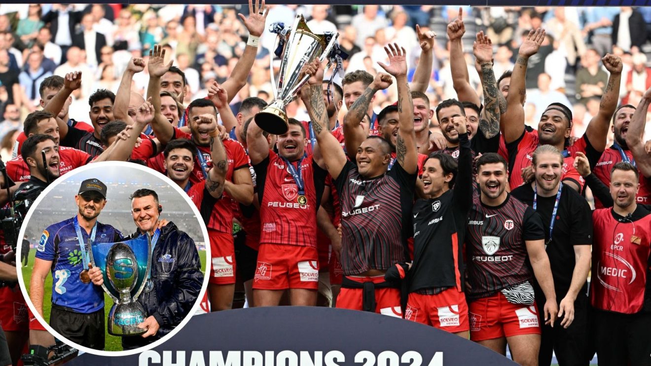A two layered image of Toulouse and the Blues winning their respective Champions Cup and Super Rugby titles last season