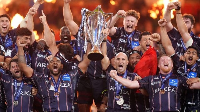 Bordeaux-Begles players celebrating their Champions Cup win over Northampton Saints