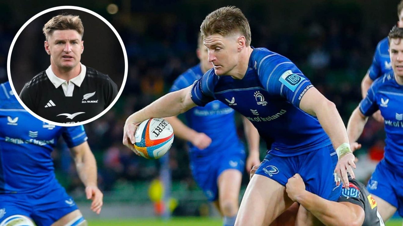 Jordie Barrett in action for Leinster and the All Blacks (inset).