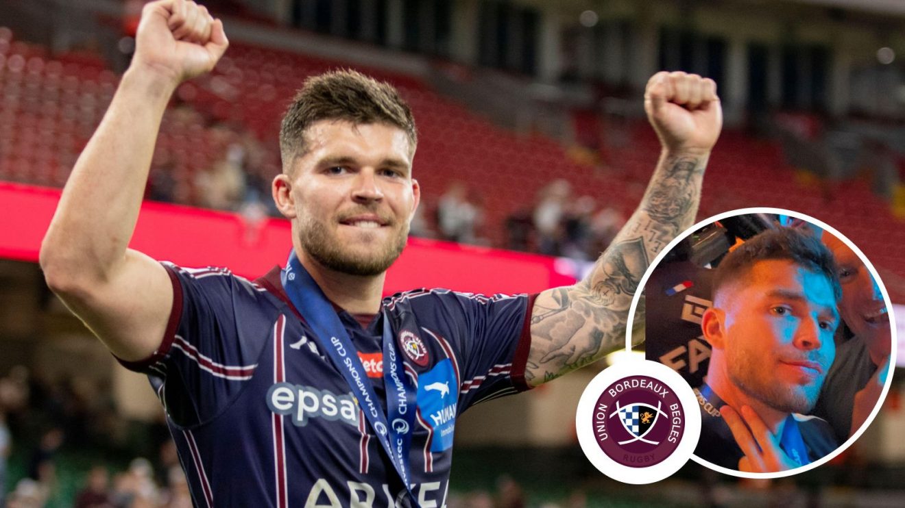 Matthieu Jalibert celebrating in the stadium and with his teammates later on