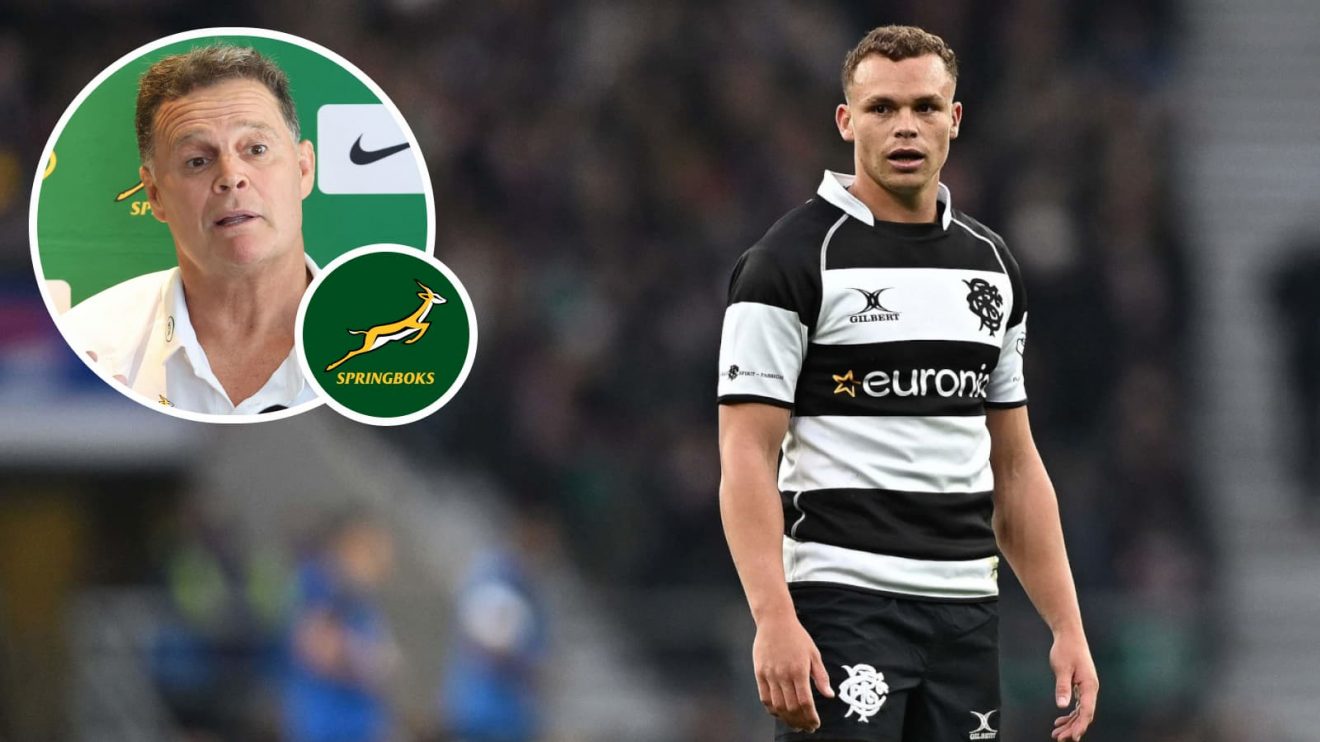 Curwin Bosch in action for the Barbarians and Springboks head coach Rassie Erasmus (inset).