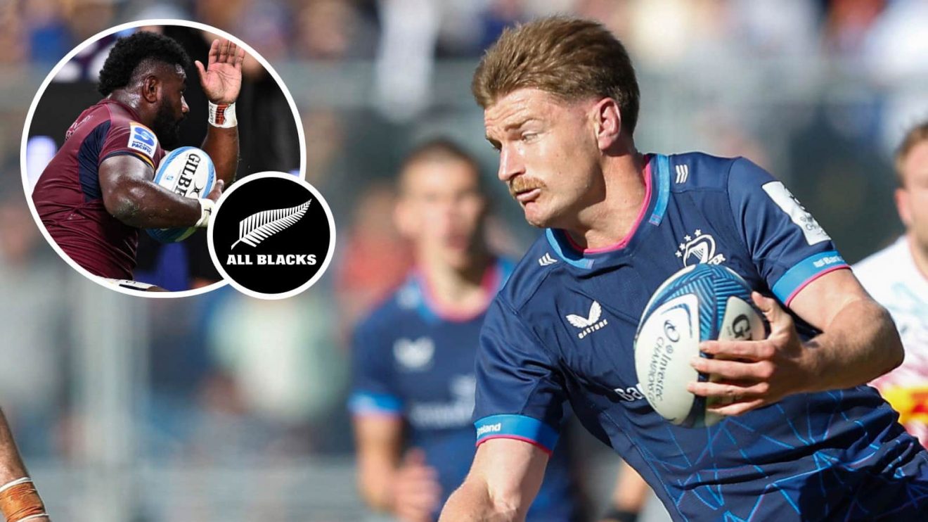 Jordie Barrett in action for Leinster in 2024 and Timoci Tavatavanawai scoring a try for the Highlanders (inset).