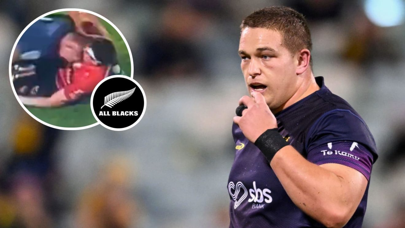 Ethan de Groot in action for the Highlanders and the incident involving the All Blacks prop and Jamie Hannah (inset).