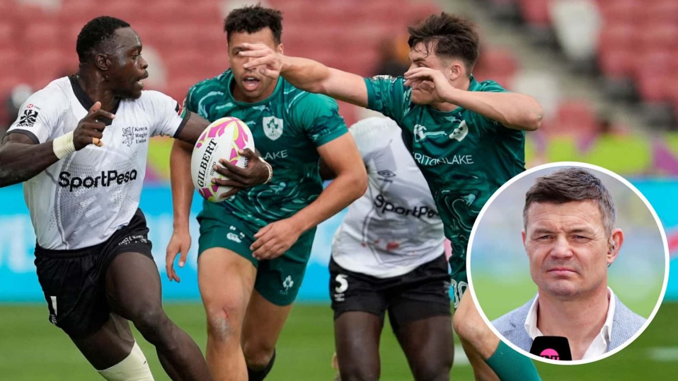 Ireland men's sevens team in action and legendary centre Brian O'Driscoll (inset).