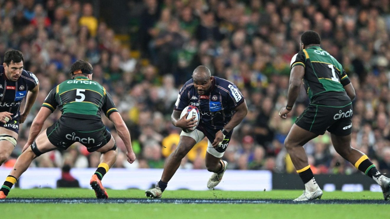 Bordeaux prop Jefferson Poirot carrying the ball into contact for his side in the 2025 Champions Cup final