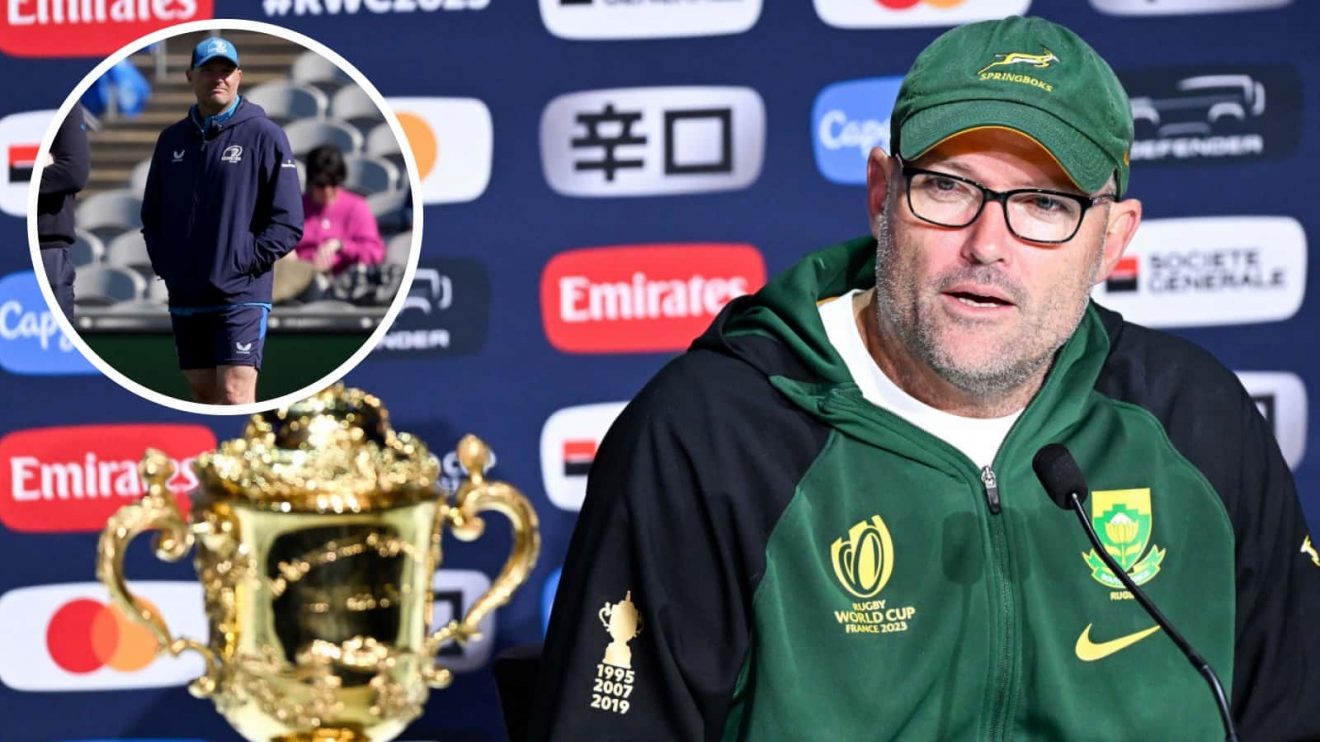 Jacques Nienaber with the Rugby World Cup trophy and coaching at Leinster (inset).