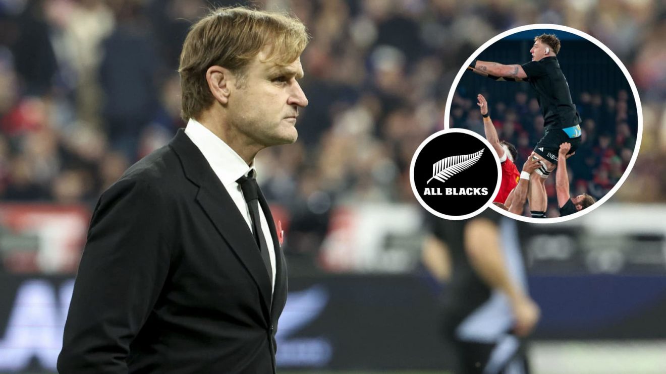 All Blacks head coach Scott Robertson and Fabian Holland in action for All Blacks XV (inset).