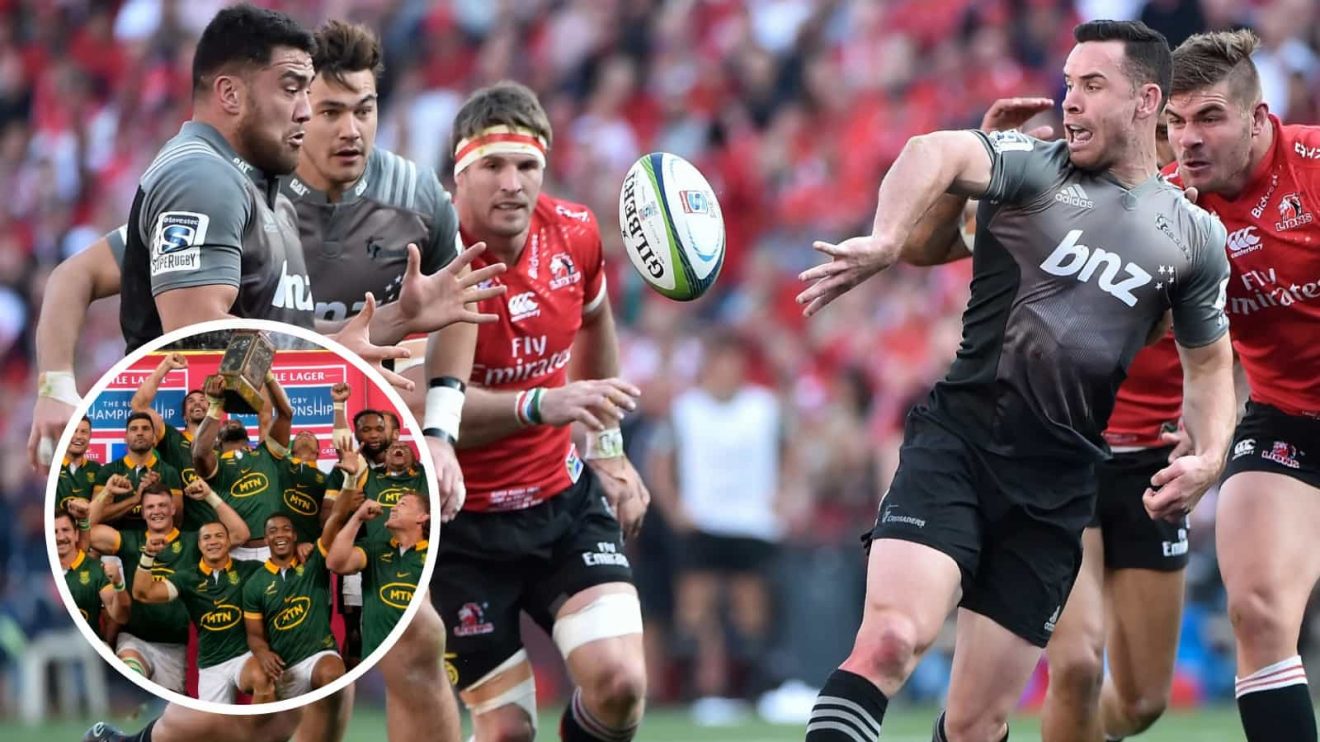Crusaders taking on the Lions in 2017 Super Rugby final and the Springboks lifting the Freedom Cup in 2024 (inset) after beating the All Blacks.