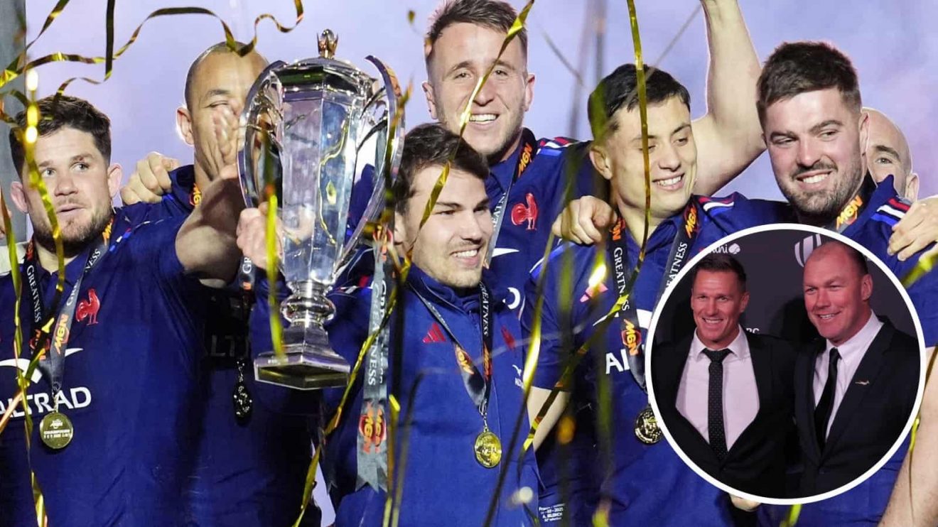 France celebrating 2025 Six Nations success and Springboks legends (inset) Jean de Villiers and Schalk Burger.