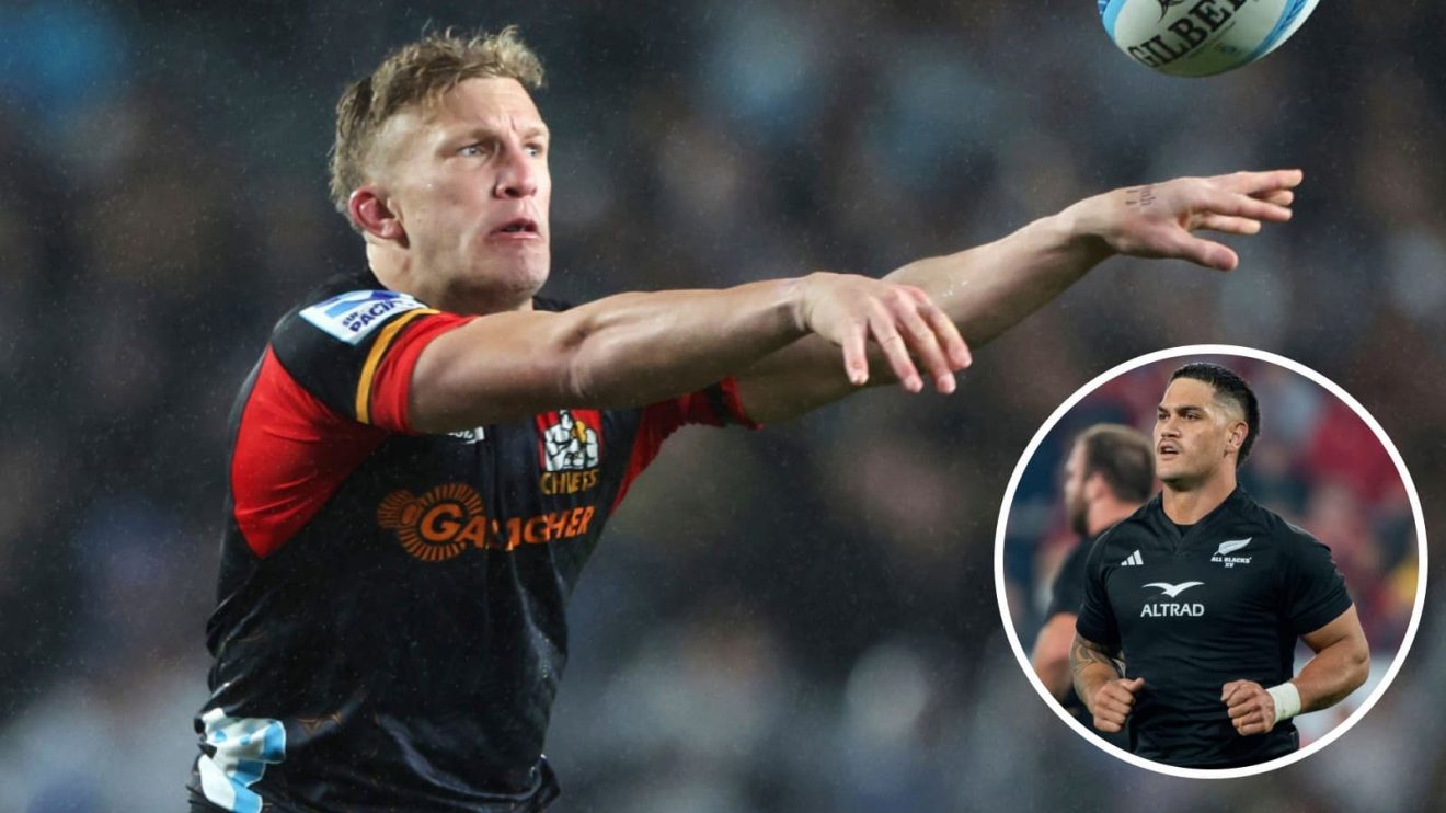Damian McKenzie in action for the Chiefs and centre Quinn Tupaea playing for All Blacks XV.