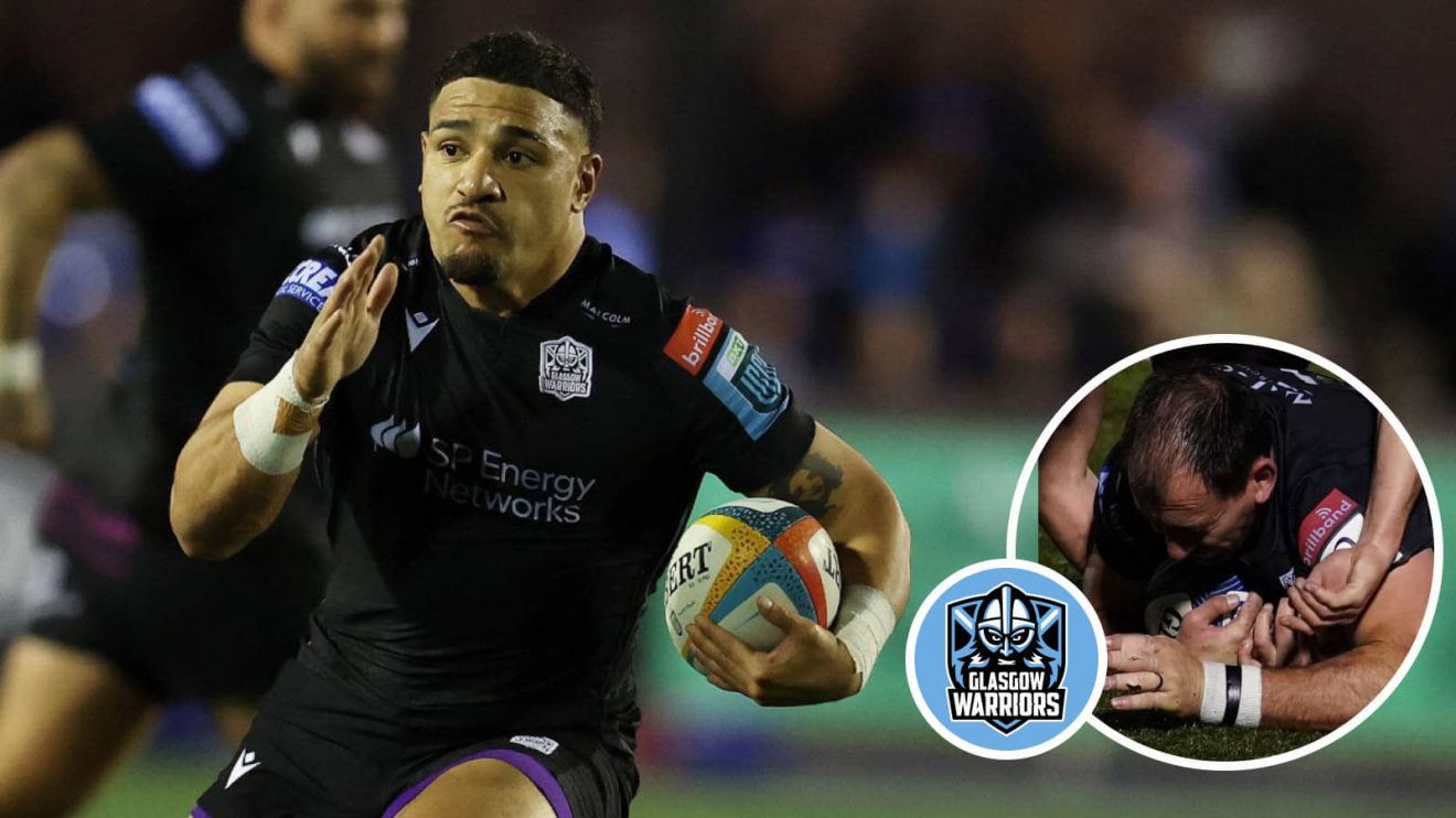 Sione Tuipulotu in action for Glasgow and Henco Venter scoring a try for the Warriors (inset).