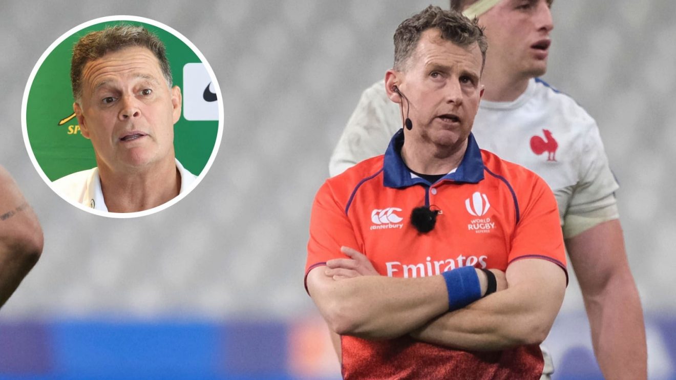 Former Test referee Nigel Owens and Springboks head coach Rassie Erasmus (inset).