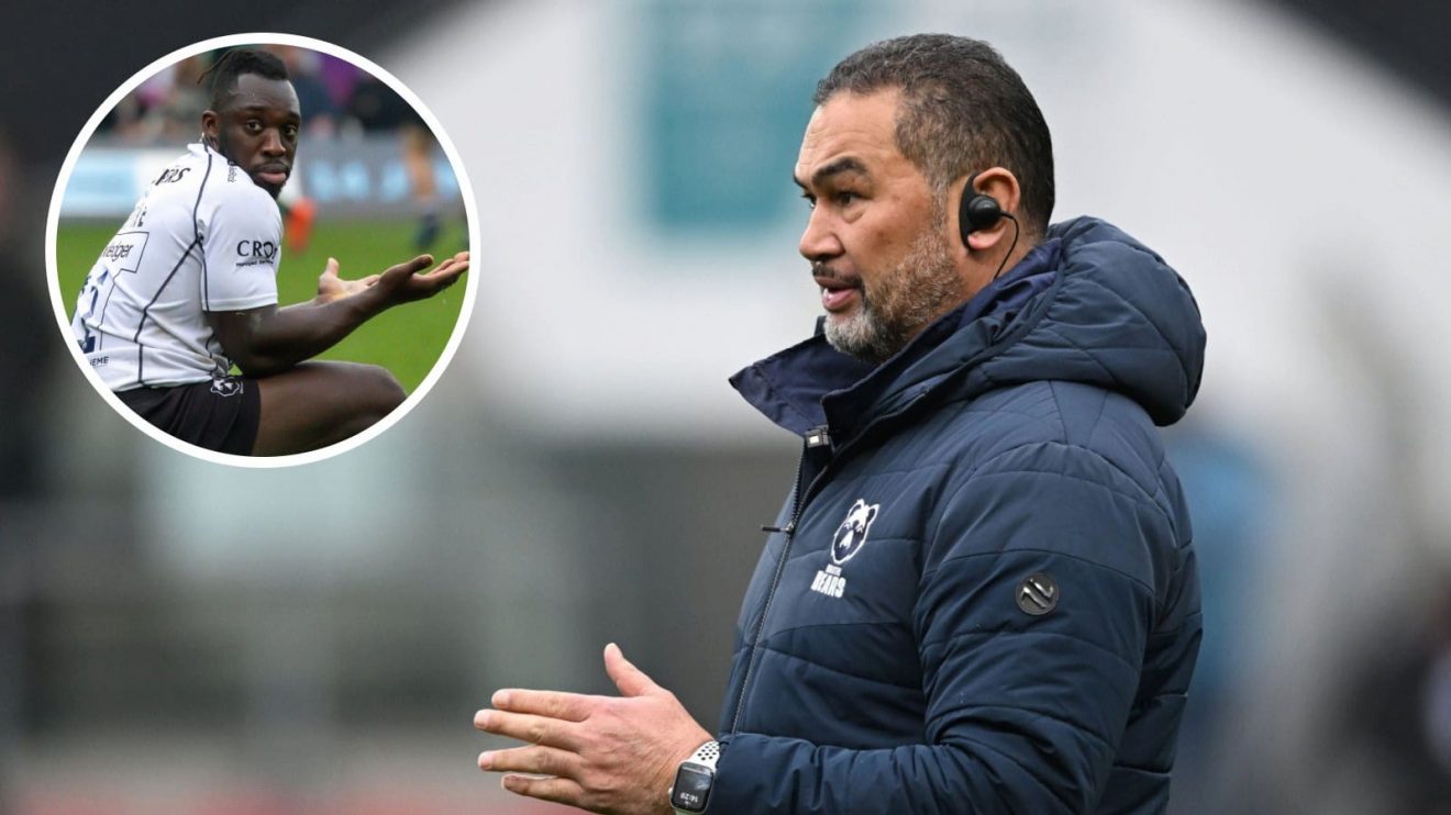 Bristol Bears boss Pat Lam and wing Gabriel Ibitoye (inset), who scored twice against Harlequins.