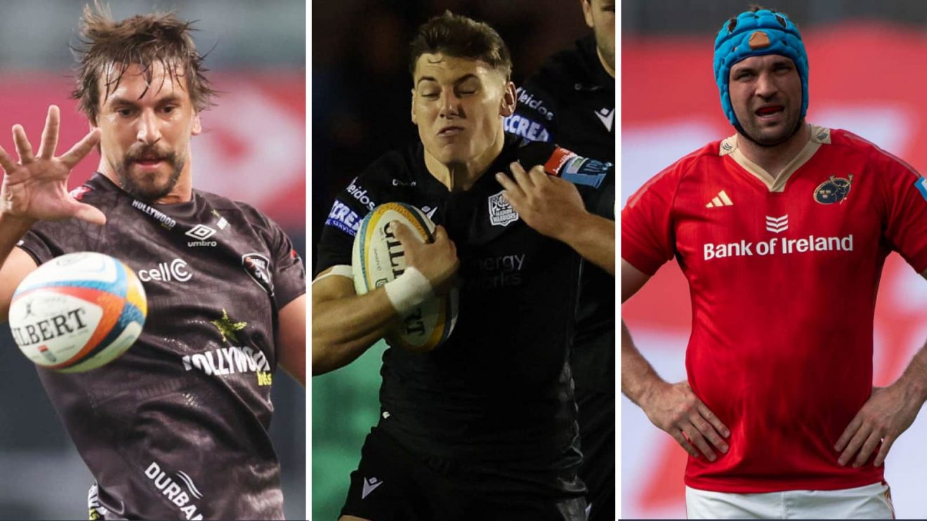 Eben Etzebeth (left), Tom Jordan (middle) and Tadhg Beirne (right) playing for the Sharks, Glasgow Warriors and Munster respectively.
