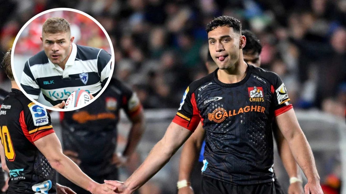 Chiefs full-back Shaun Stevenson and an inset of Springboks hooker Malcolm Marx.