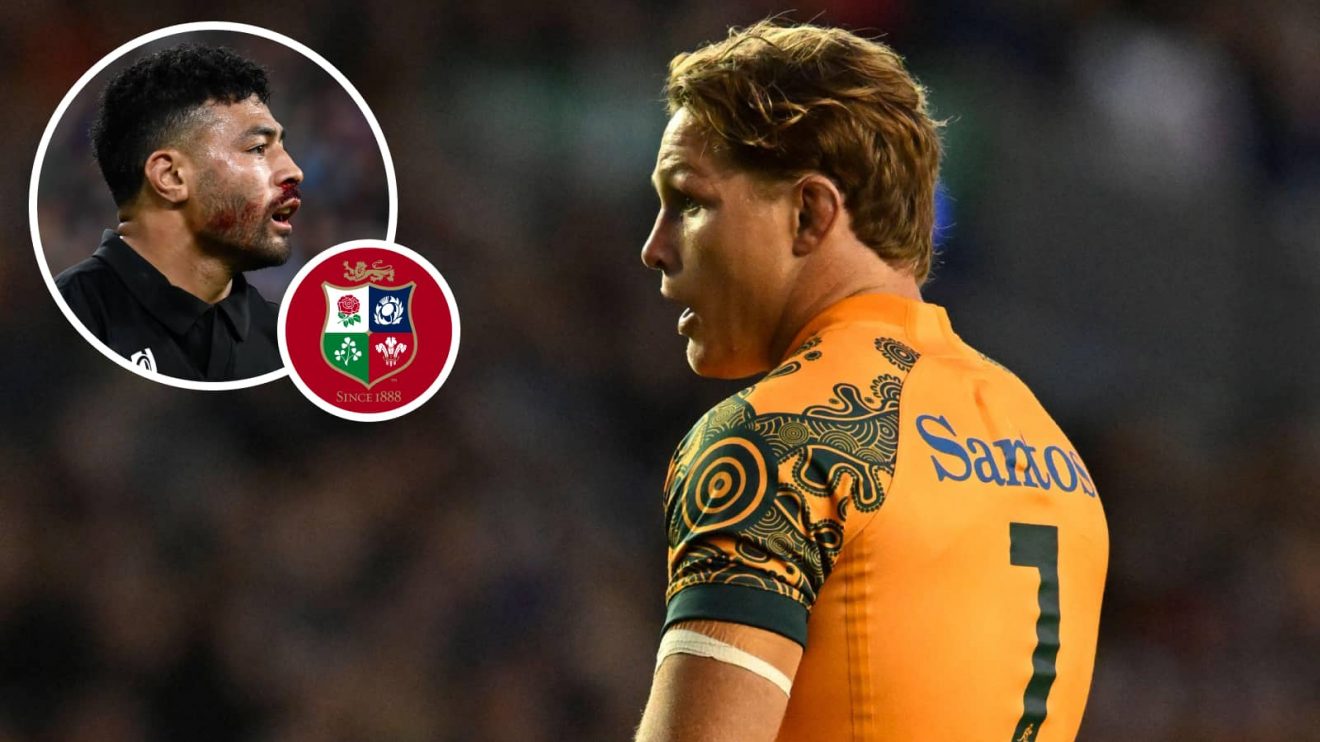 Wallabies legend Michael Hooper and an inset of All Blacks playmaker Richie Mounga.