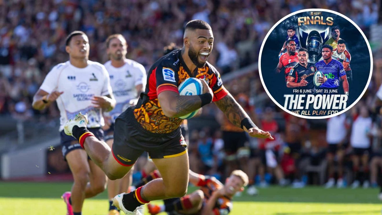 Chiefs replacement Gideon Wrampling and a promotional image of the Super Rugby Pacific Qualifying Finals.