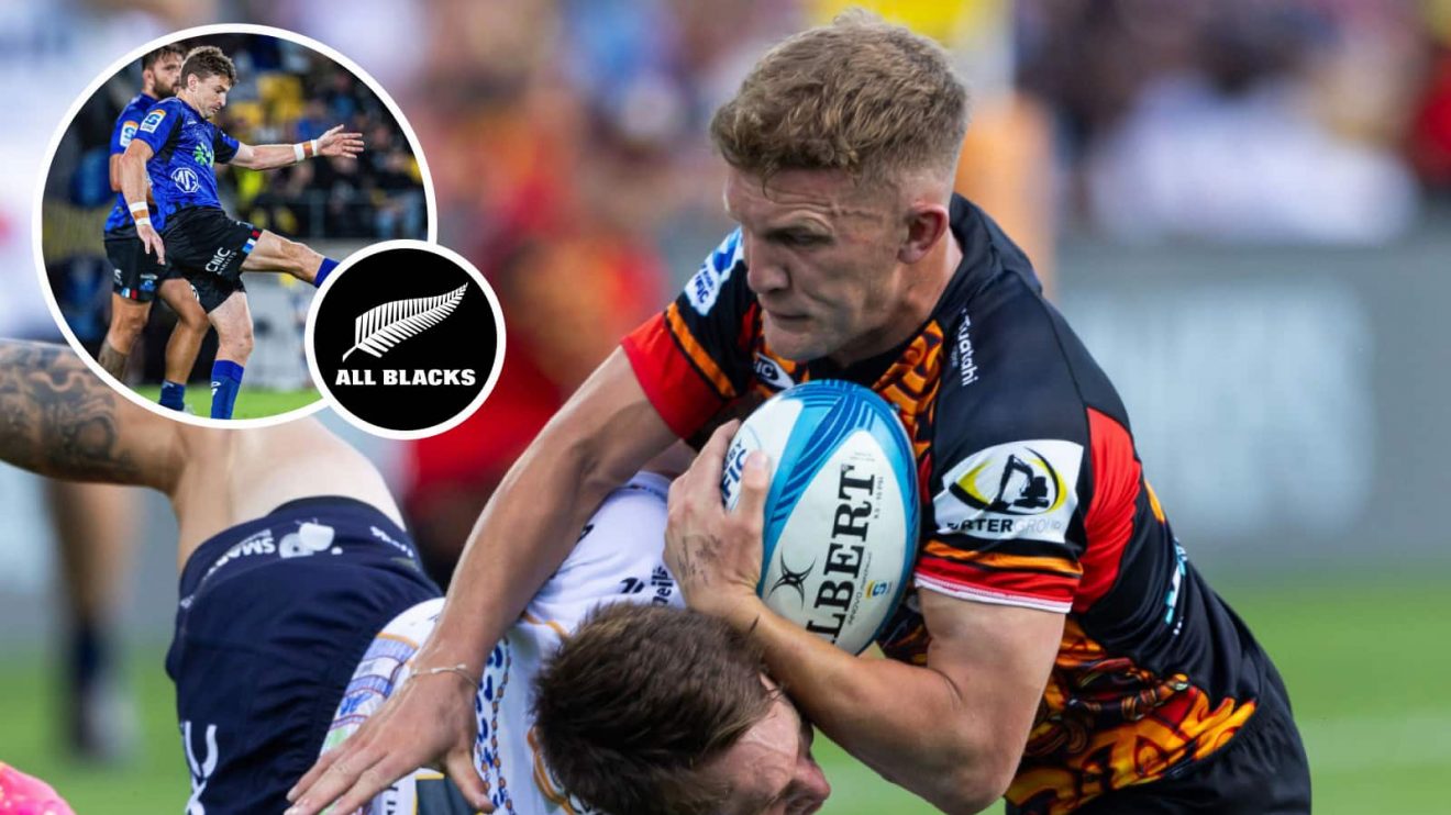 Damian McKenzie and Beauden Barrett (inset) in action for Chiefs and Blues respectively in Super Rugby Pacific.