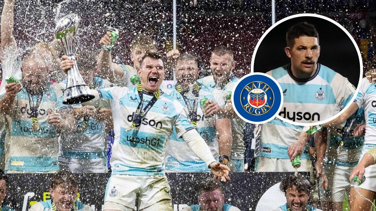 A two layered image of Bath players with an inset of Charlie Ewels