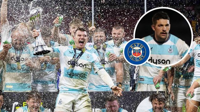 A two layered image of Bath players with an inset of Charlie Ewels