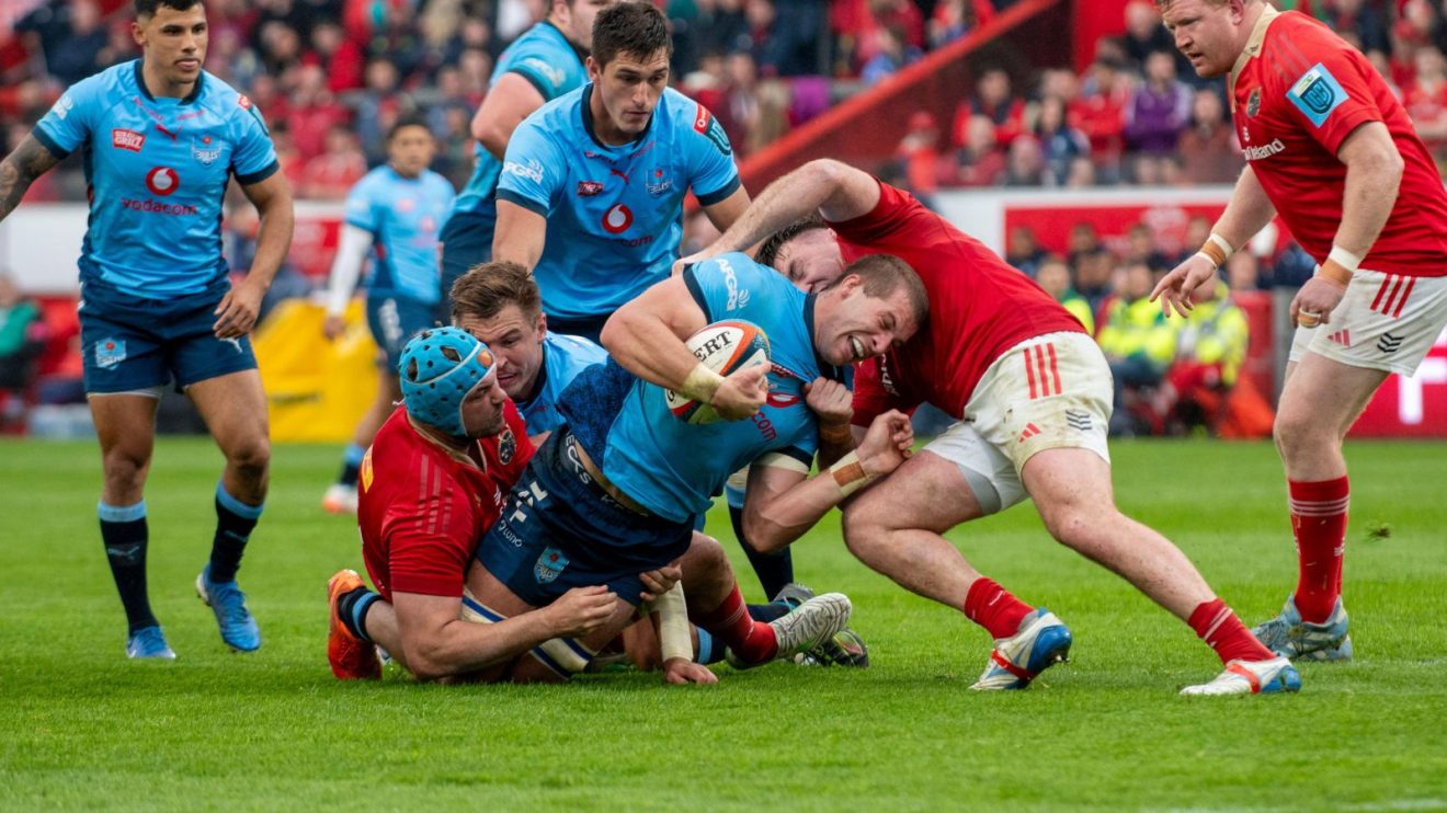Bulls forward Cameron Hanekom carrying the ball into contact against Munster