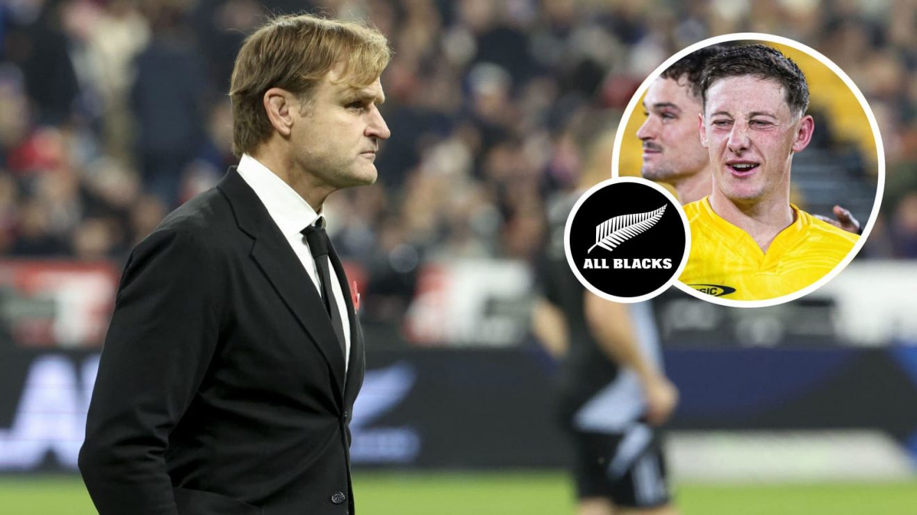 All Blacks head coach Scott Robertson and scrum-half Cam Roigard (inset).