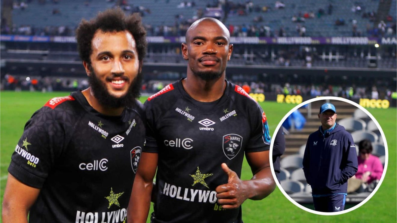 Jaden Hendrikse, whose gamesmanship has been heavily debated, and Makazole Mapimpi for the Sharks, and Leinster senior coach Jacques Nienaber (inset).