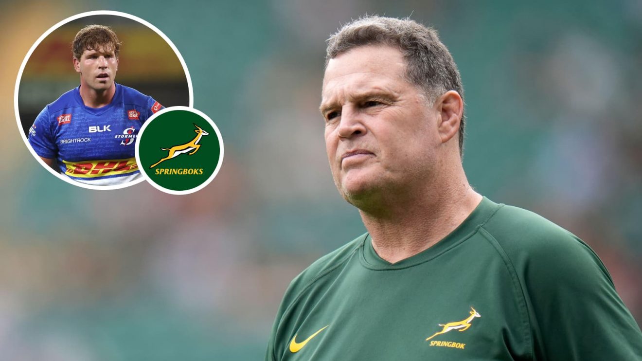 Springboks head coach Rassie Erasmus and an inset of Evan Roos.