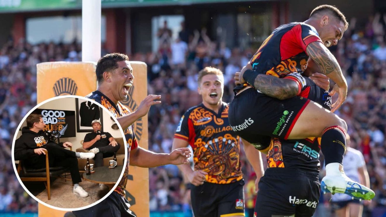 Chiefs celebrate against the Brumbies and the GBRANZ contributors (inset), Andy Rowe and Justin Marshall.