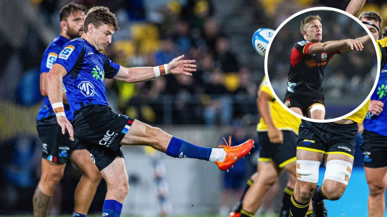 Beauden Barrett in action for the Blues and Damian McKenzie (inset) playing for the Chiefs.