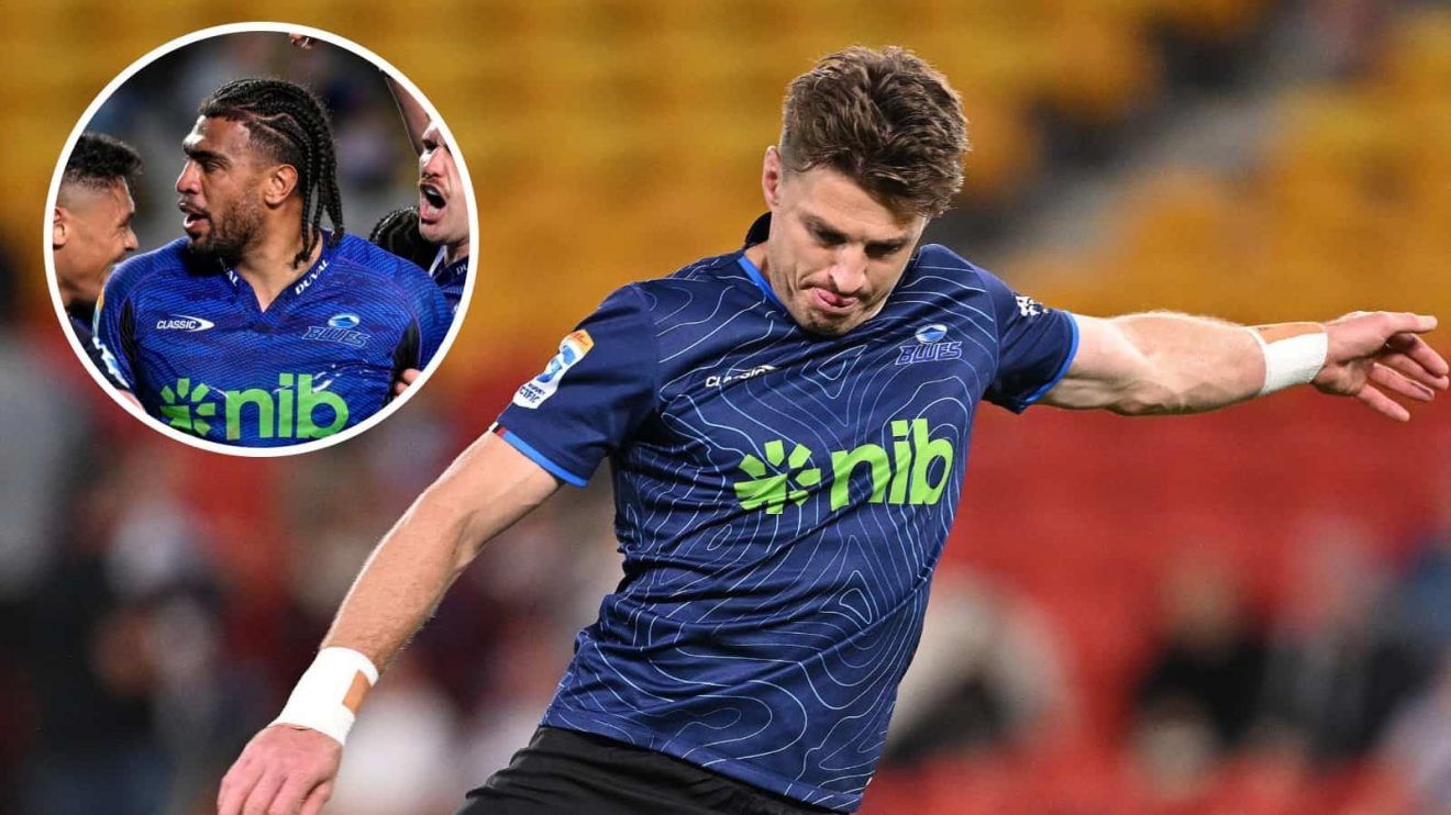 Blues playmaker Beauden Barrett and an inset of Hoskins Sotutu.