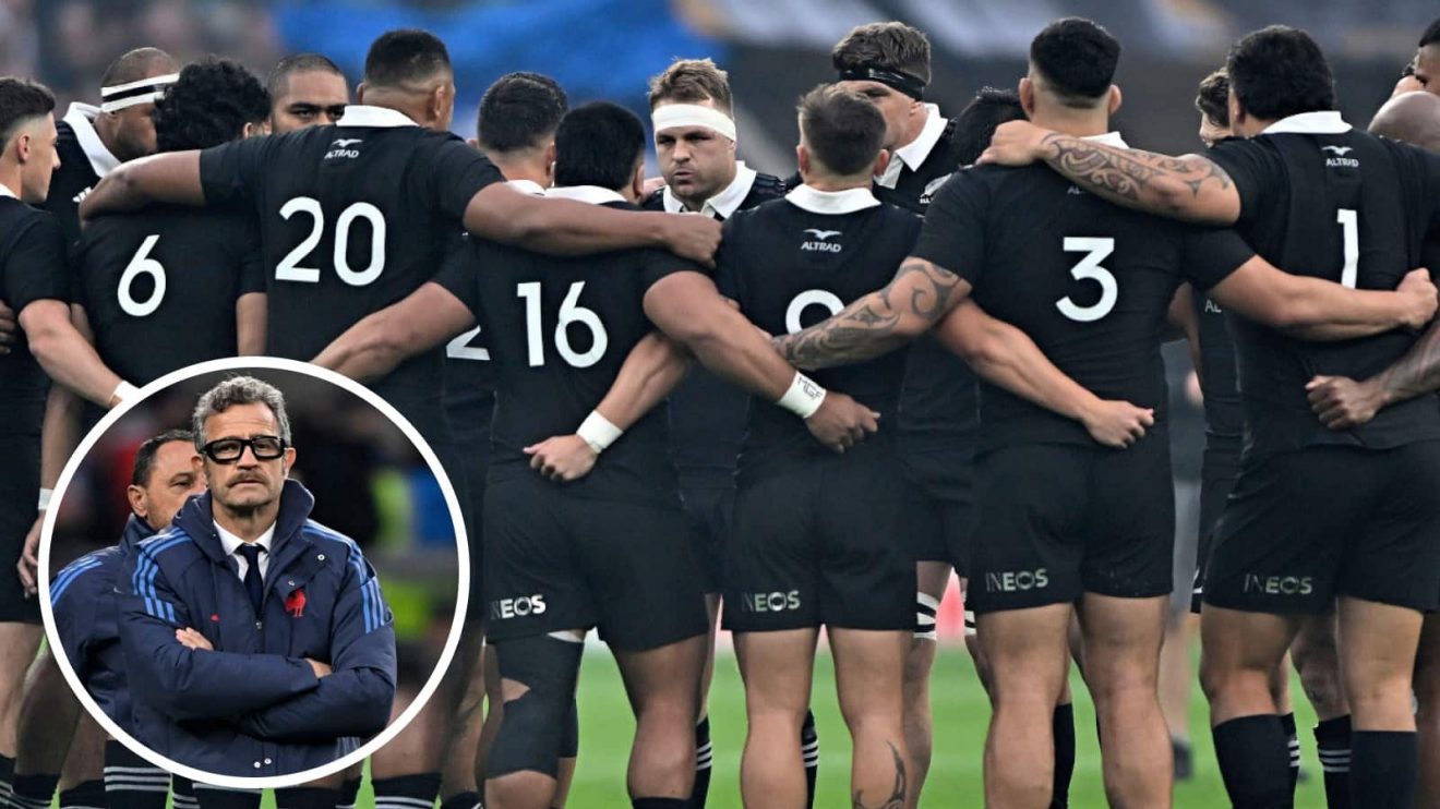 All Blacks in a huddle and France head coach Fabien Galthie (inset).