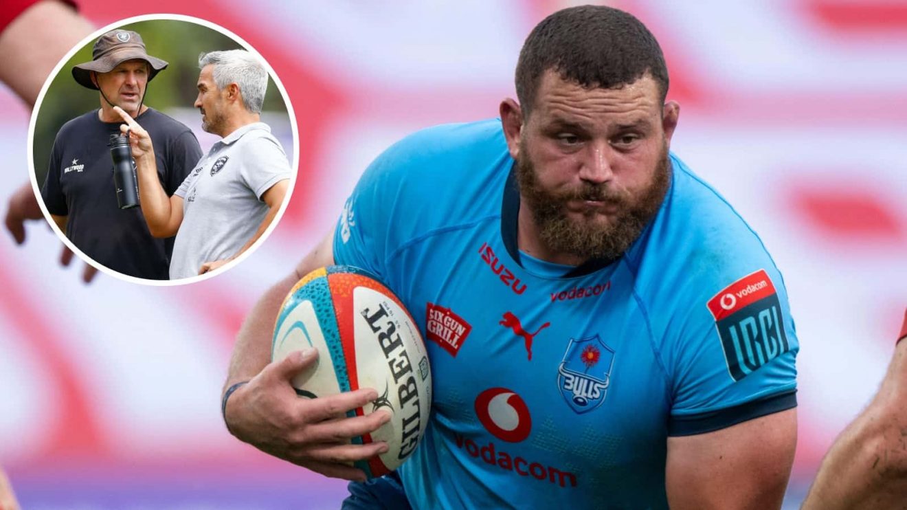 Bulls prop Wilco Louw and an inset of Sharks coaches John Plumtree and Neil Powell.