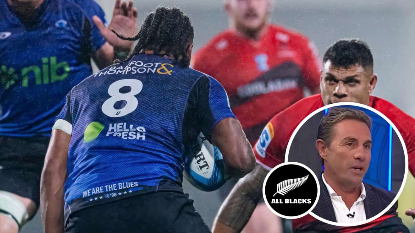 Hoskins Sotutu in action for the Blues and All Blacks great Justin Marshall (inset).