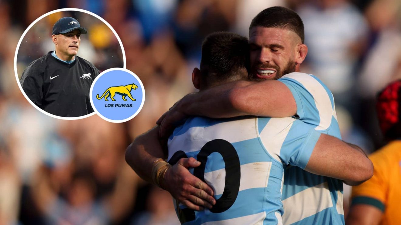 Argentina's Los Pumas Joaquin Oviedo and Marcos Kremer with an inset of head coach Felipe Contepomi.