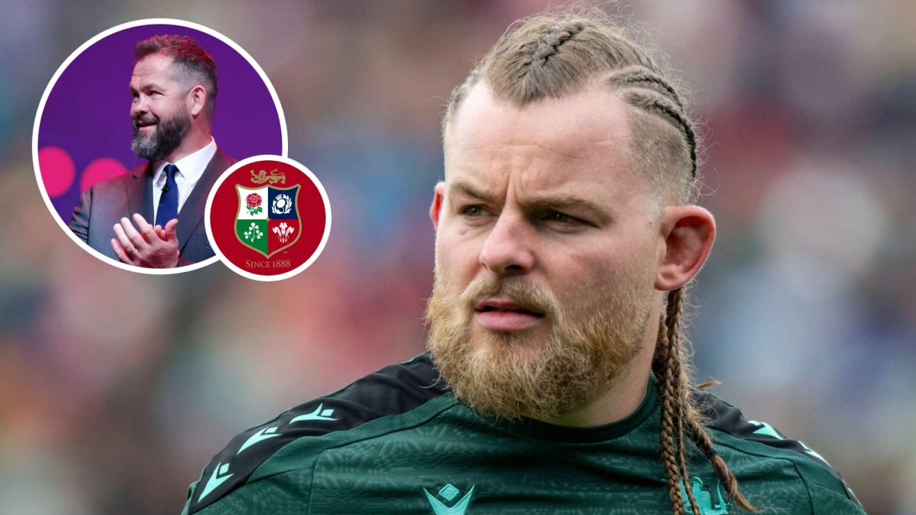 Ireland prop Finlay Bealham and an inset of British and Irish Lions coach Andy Farrell.